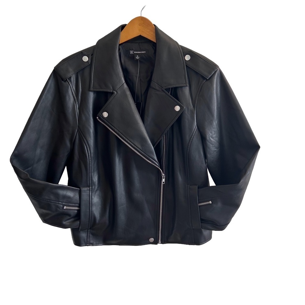 🏍️ NWT INC International Concepts Black Faux Leather Moto Jacket - Women XL